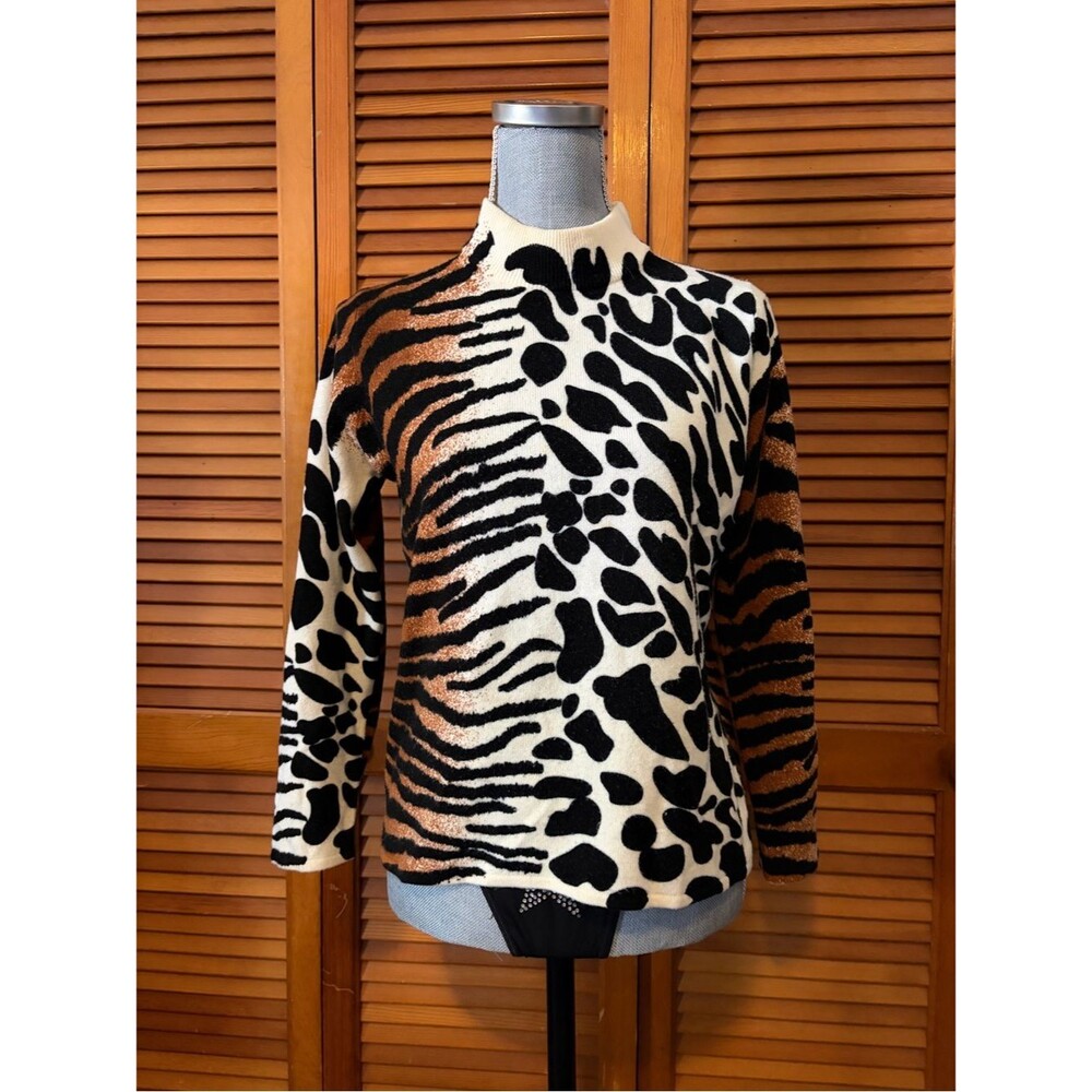 Vintage 80s Bold Tiger Mixed Leopard Print Mock Neck Acrylic Sweater